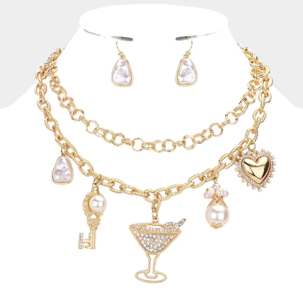Cream Pearls Gold Key Heart Martini Charm Pendant Layered Crystal Necklace Set